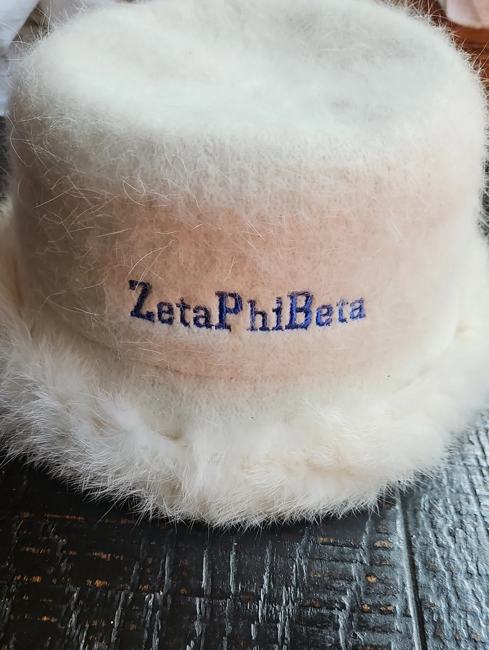 New Ivory White Cream Angora Wool Fur Bucket Hat with ZetaPhiBeta Embroidery